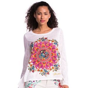 Desigual Prisca White L/S High Low Top, Colorful Mandala, Sheer Pleats, Sz 8